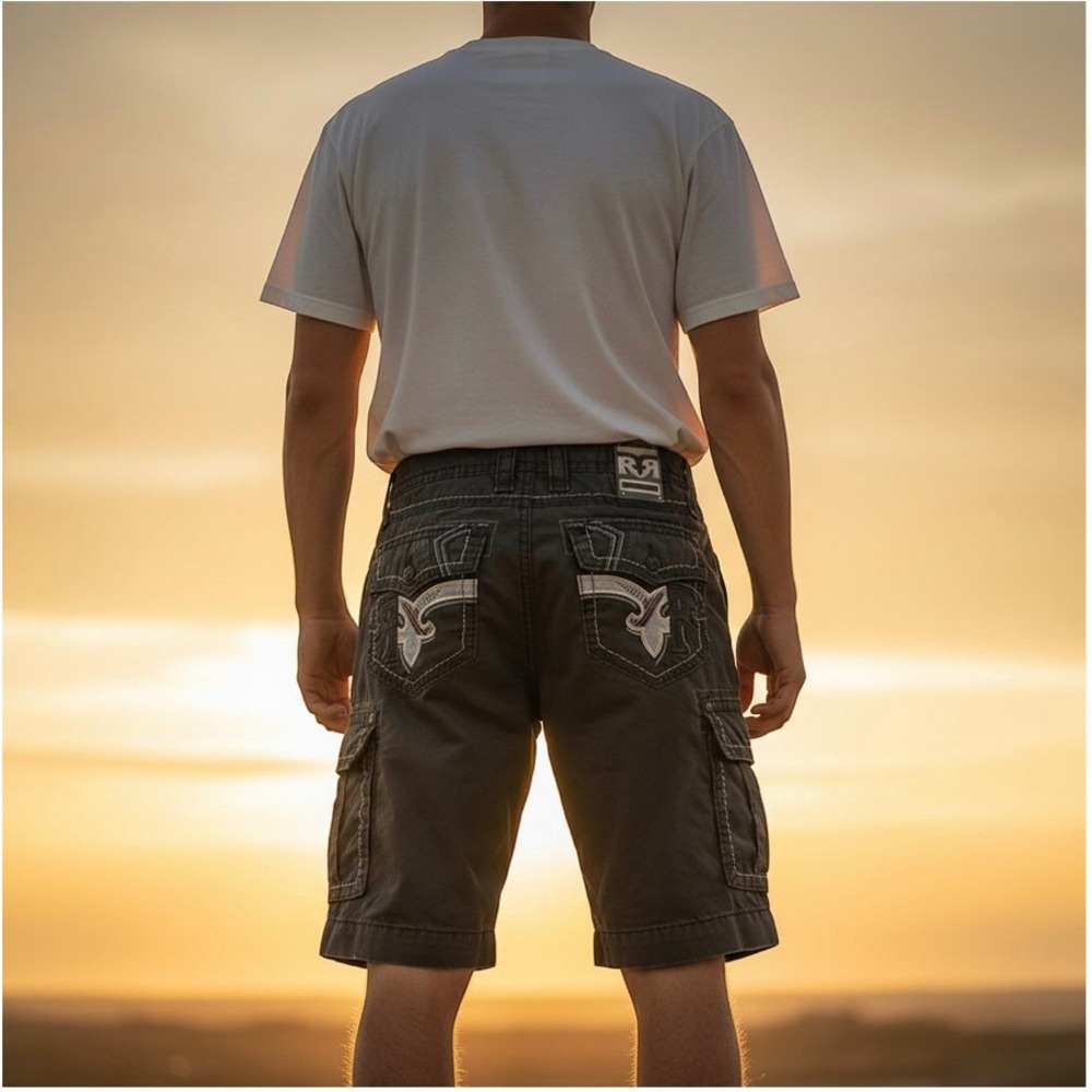 Rock Revival Classic Cargo Shorts Mens 36-38 (Fits) Black Grunge Flap Pocket Y2K